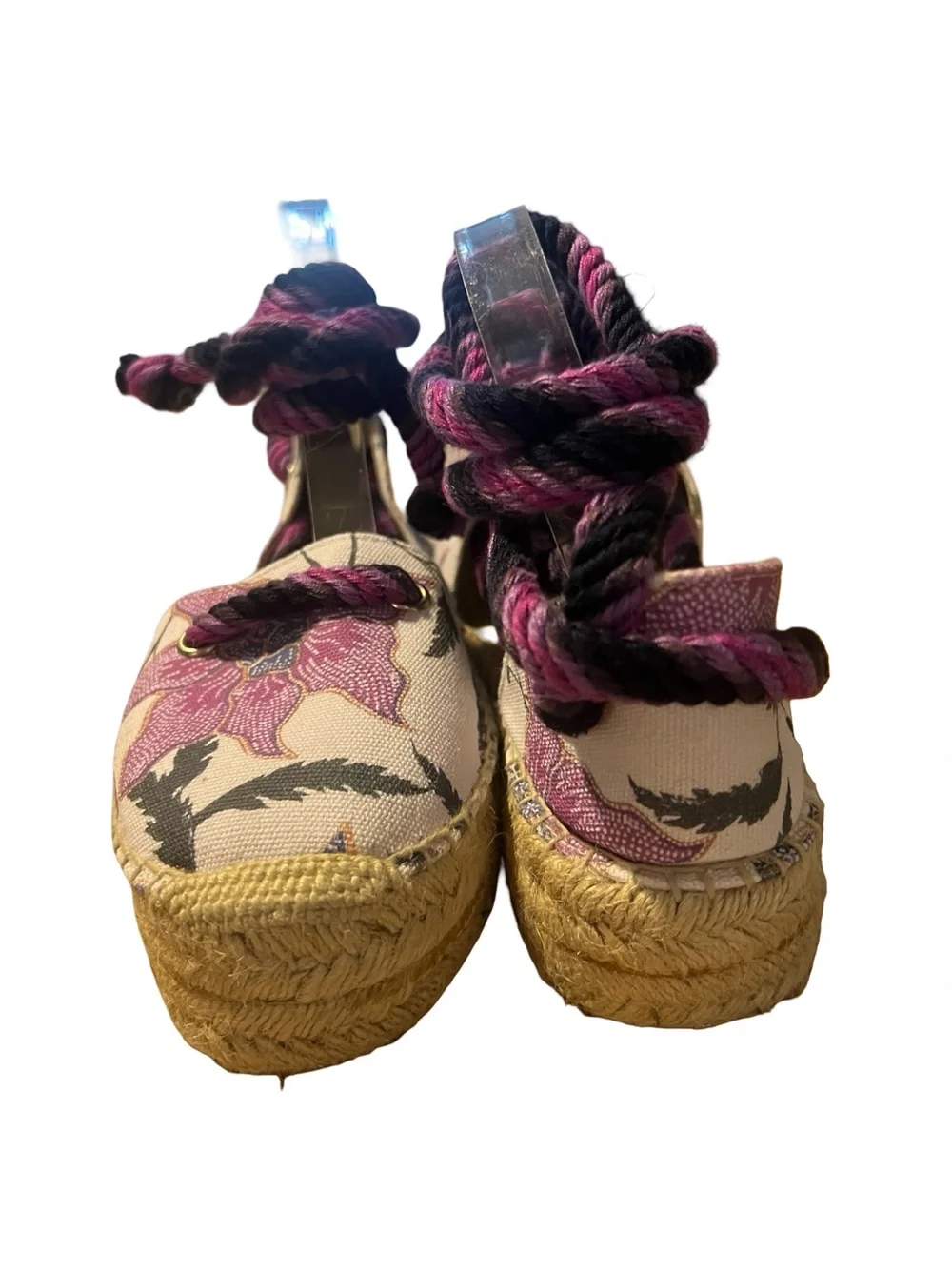 Isabel Marant Floral Canvas Espadrille Wedge Sandals - Pink/Black/Cream 38 7.5